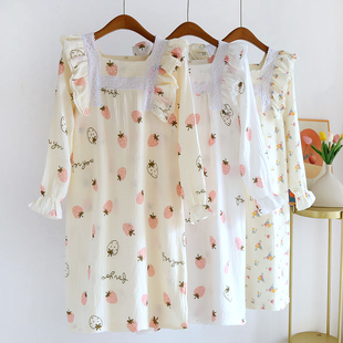 法式睡裙女春秋季纯棉纱双层纱布棉麻长袖宽松大码甜美睡衣春夏款