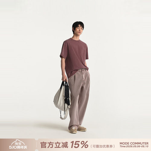 MODE COMMUTER| MC全棉复古做旧平纹针织落肩微阔圆领长袖T恤