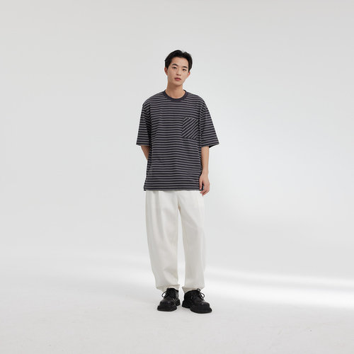 MODE COMMUTER| MC夹色横条纹纯棉针织休闲错位口袋圆领纯棉T恤