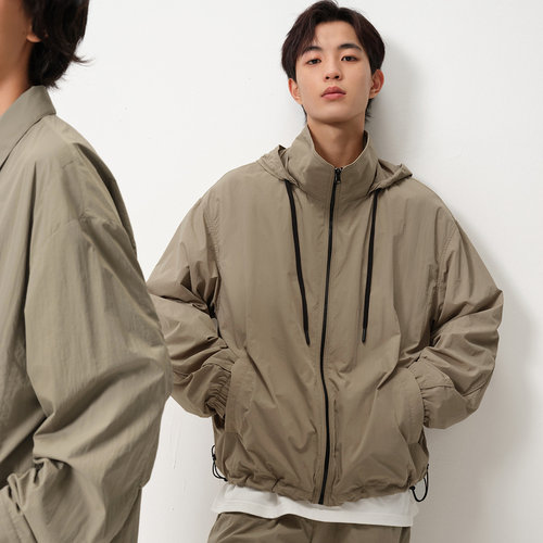 MODE COMMUTER| MC40D尼龙亚光微皱亚光微皱开襟连帽梭织风衣套装