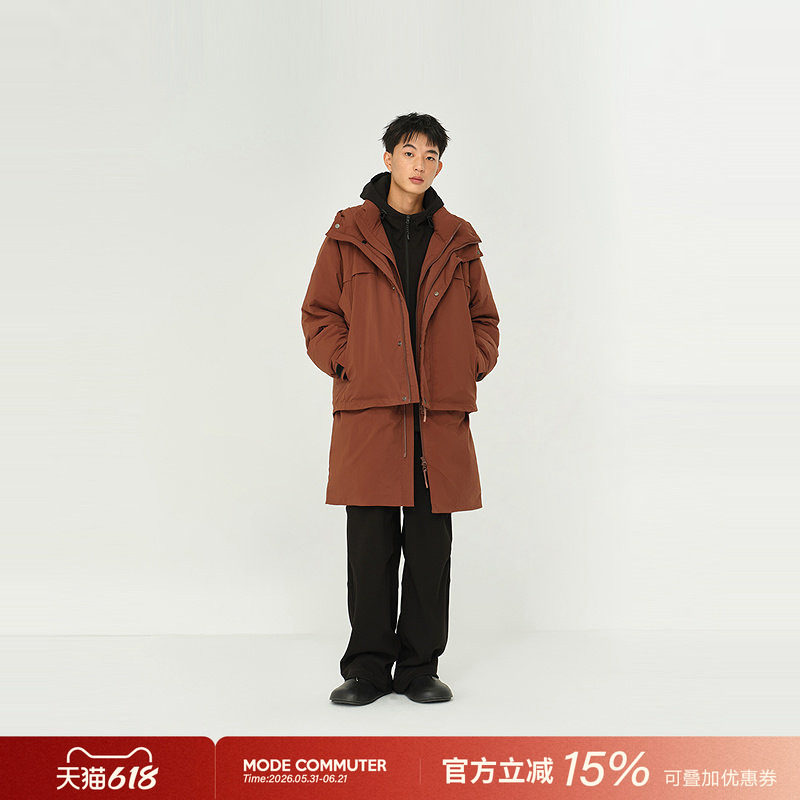 MODE COMMUTER | MC防静电防泼水两件式马甲连帽立领长款羽绒服