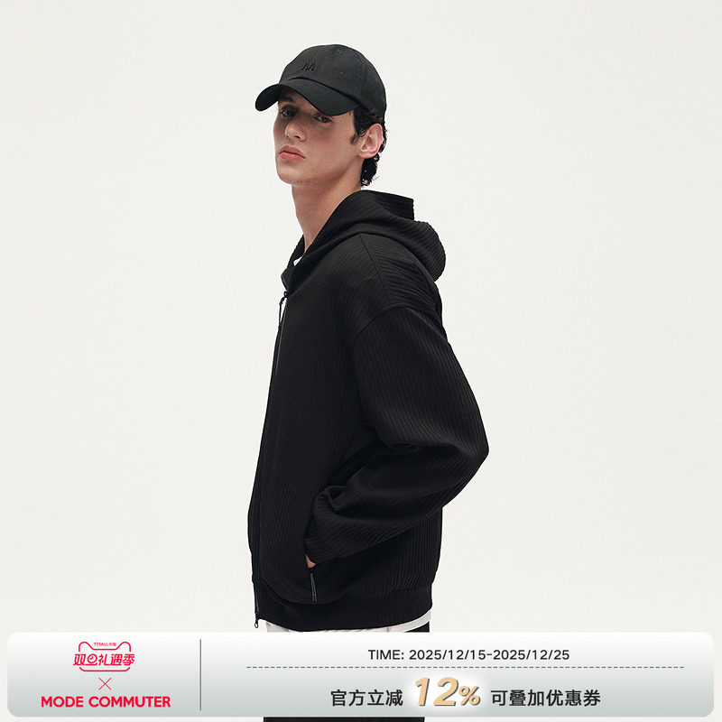 MODE COMMUTER| MC压皱针织抗拉伸抗皱压皱连帽开襟卫衣