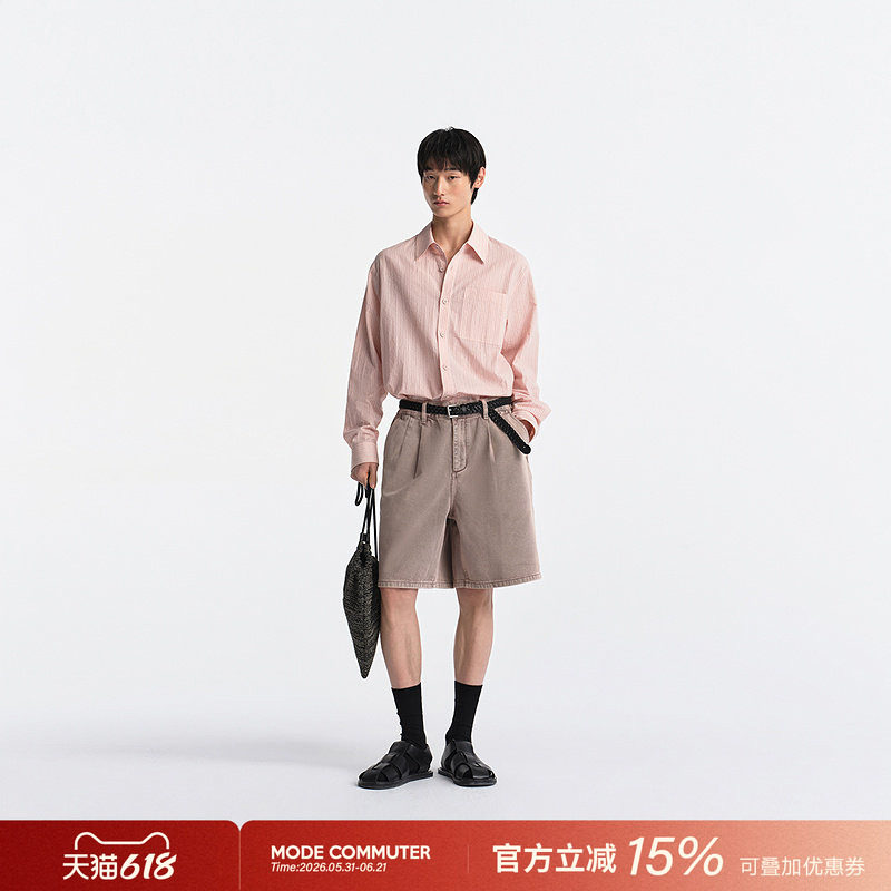 MODE COMMUTER| MC立体条纹混纺环保染色透气性亚麻混纺翻领衬衫