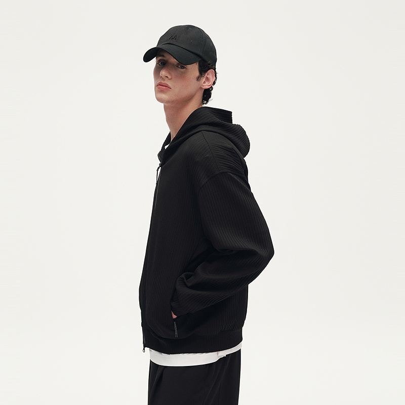 MODE COMMUTER| MC压皱针织抗拉伸抗皱压皱连帽开襟卫衣