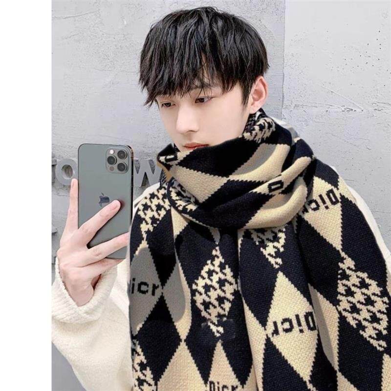 围巾男式冬新款百搭冬款学生潮流护颈格子围巾加厚保暖针织高档秋
