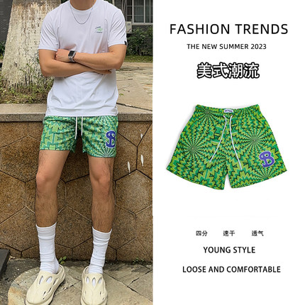夏季绿色嘻哈美式小短裤男复古街头潮牌不过膝篮球裤四分运动速干