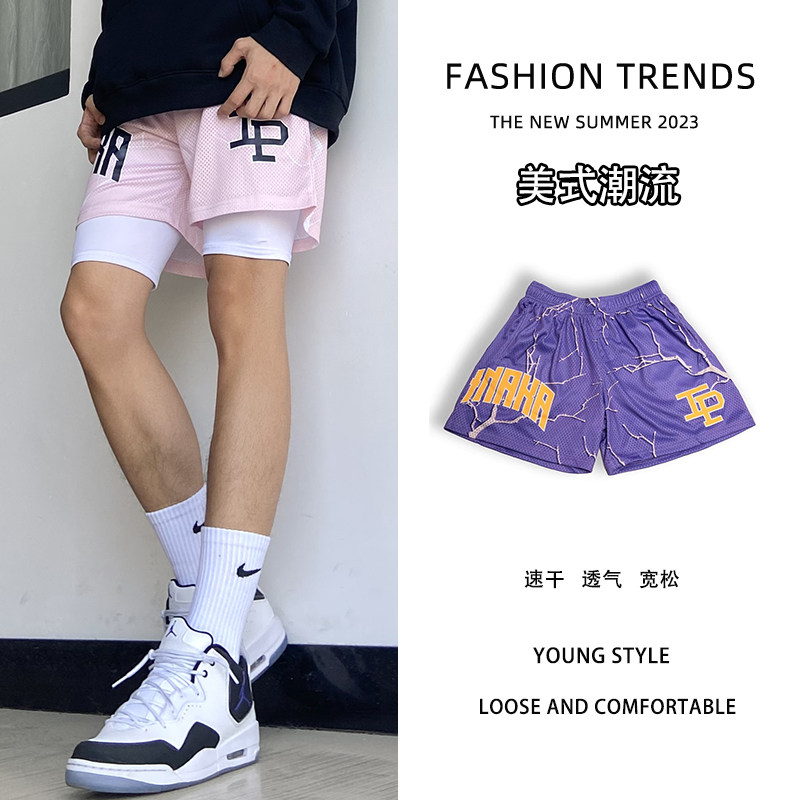 IP假两件美式短裤男复古潮牌四分不过膝运动速干健身训练篮球裤夏