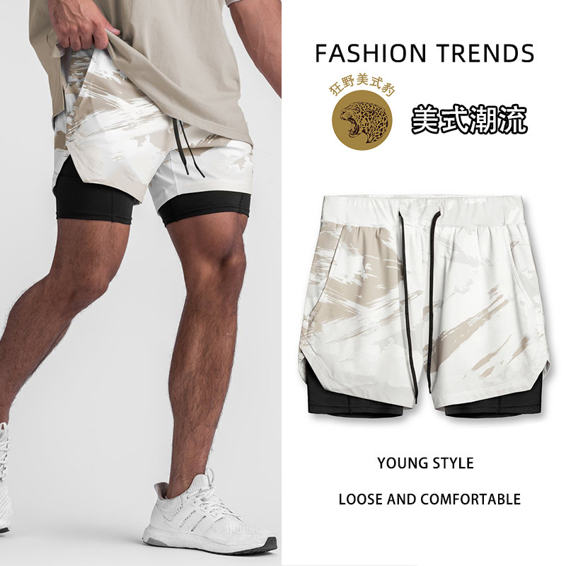 美式假两件运动短裤男夏季户外跑步训练篮球健身透气双层三分四分