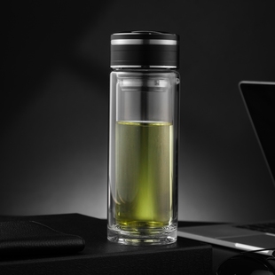 双层玻璃杯男士家用办公水杯高档便携透明带盖车载泡茶杯子350ML