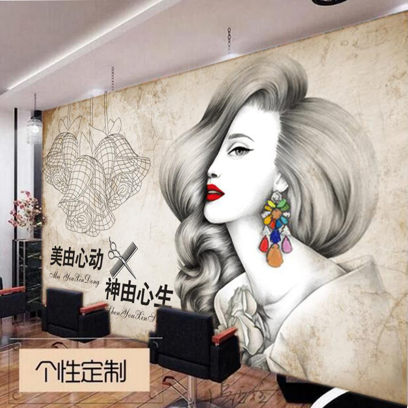 个性复古时尚美发店装饰墙纸发廊理发店背景墙壁纸3D立体壁画图片