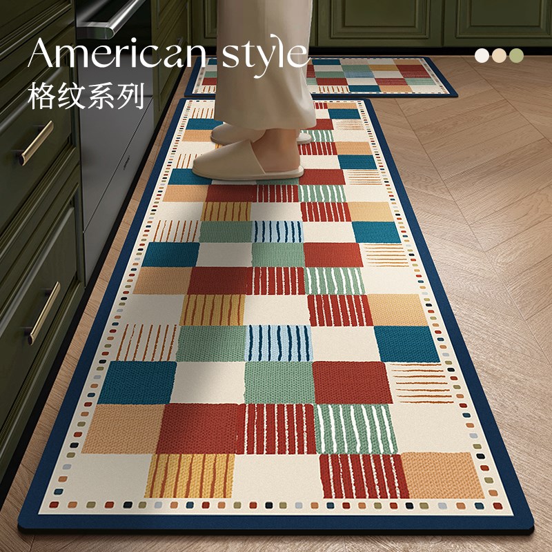 2025新款厨房地垫美式格纹硅藻泥防滑垫子家用防油免洗可擦地毯