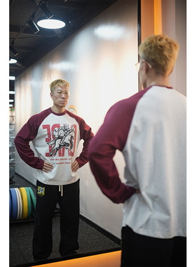 ZEKE LAB「追梦骑士」复古撞色插肩袖宽松BOXY休闲拼接打底衫男女