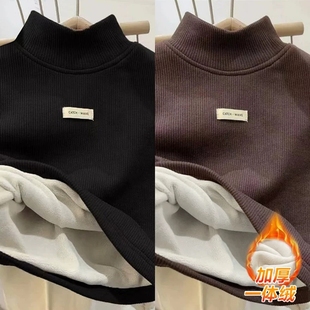 2025秋冬季男童女童加绒加厚儿童德绒打底衫T恤半高领一体绒上衣