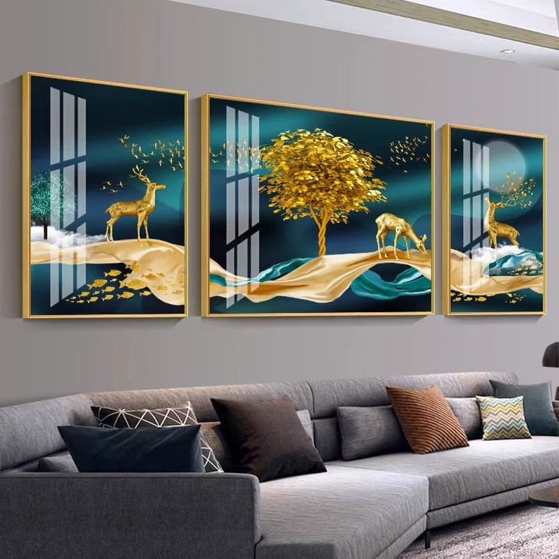 晶瓷客厅装饰画现代简约轻奢北欧发财麋鹿沙发背景墙三联镶钻挂画图片