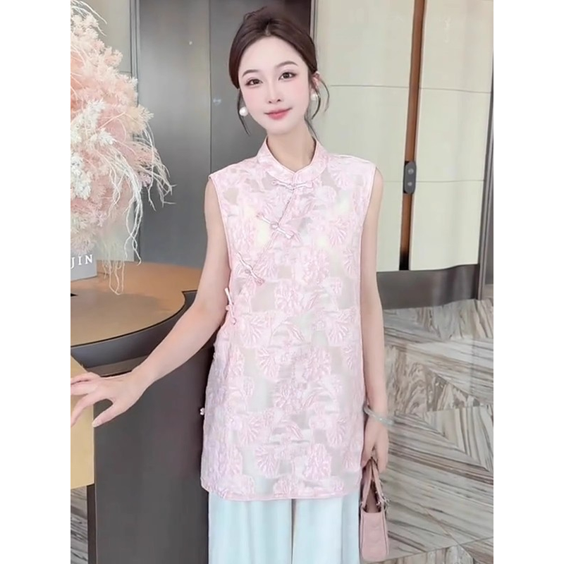 新中式国风气质无袖马甲女装2025夏季新款粉色碎花上衣超好看小衫