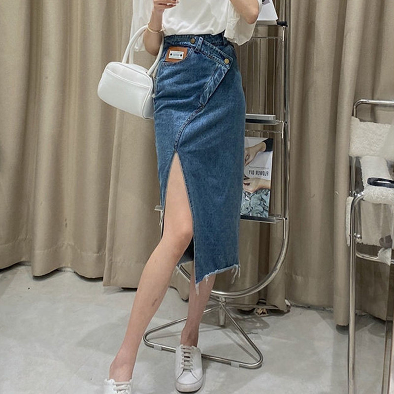 夏季新款不规则设计感高腰纯色包臀中长款牛仔半身裙下摆开叉裙潮