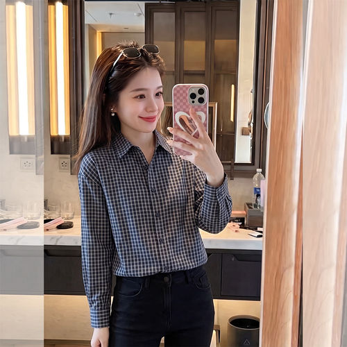 POLO领短款格子长袖衬衫女春秋