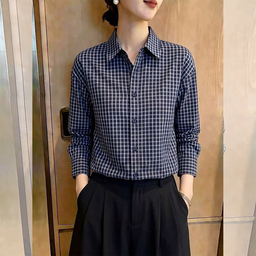 POLO领短款格子长袖衬衫女春秋