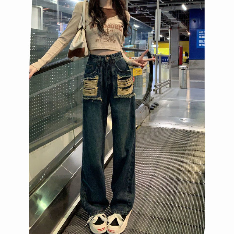 美式复古高腰牛仔裤女2025秋季新款设计感不规则破洞直筒阔腿裤潮,女装/女士精品,牛仔裤,淘宝优惠券,粉丝福利购,淘宝优惠卷