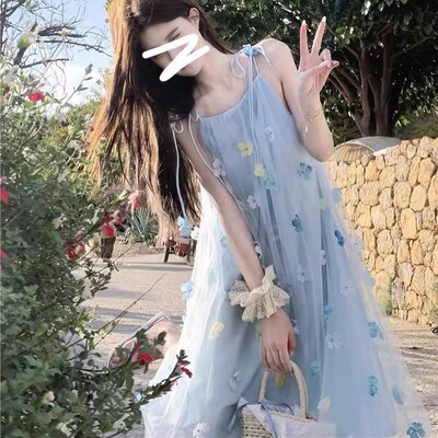 清新甜美立体花朵网纱长裙