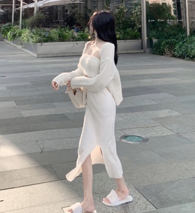 抹胸 茶艺大师 外套 温柔风针织开衫 开叉中长裙性感纯欲三件套 秋