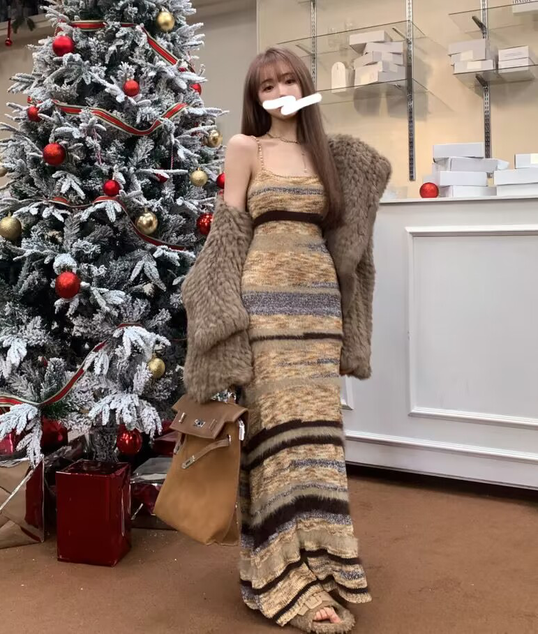 咖色系高级感性感长裙2件套