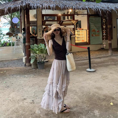 浪漫奶咖~26新春夏小红书少女甜美飘逸波点网纱长裙精致套装 绝美