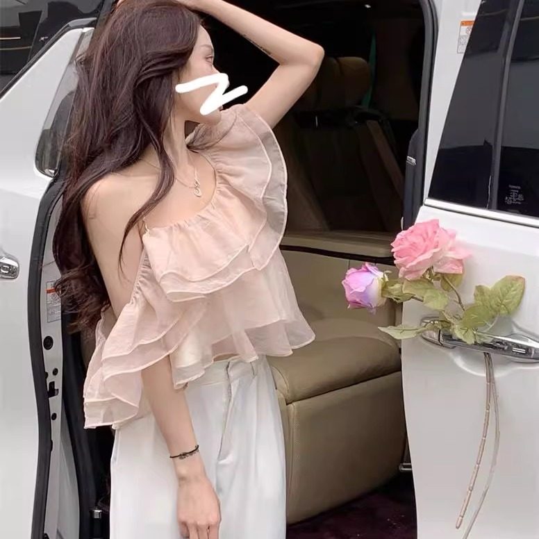 仙女雪纺层层荷叶边温柔飘逸上衣 夏甜妹露肩短款衬衣超仙