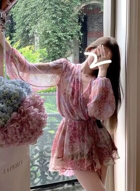 美丽坏女人~浪漫甜美碎花灯笼袖雪纺连衣裙 法式收腰温柔仙女裙春