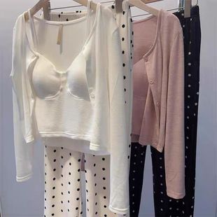 奶呼呼~春秋长袖长裤可外穿休闲波点睡衣三件套 减龄显瘦学生家居