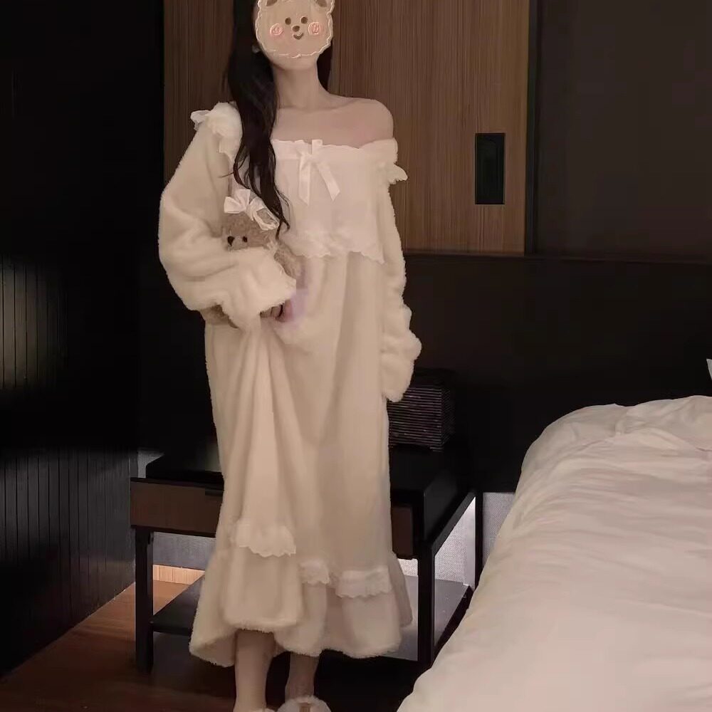 香香软软少女睡裙~24秋冬加厚软糯蕾丝边甜美长裙 睡衣家居服套装