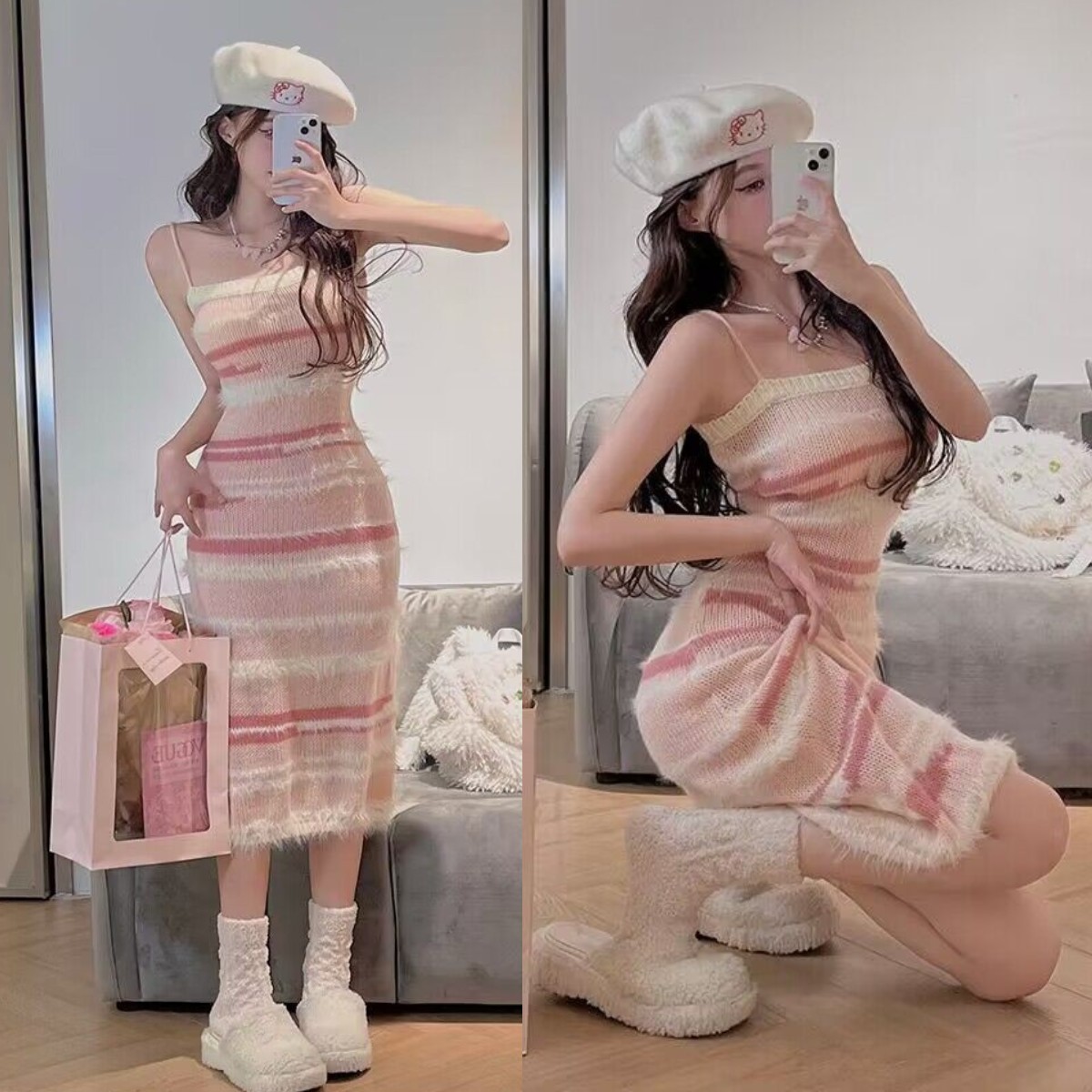 纯欲风仿貂毛彩色条纹毛茸茸