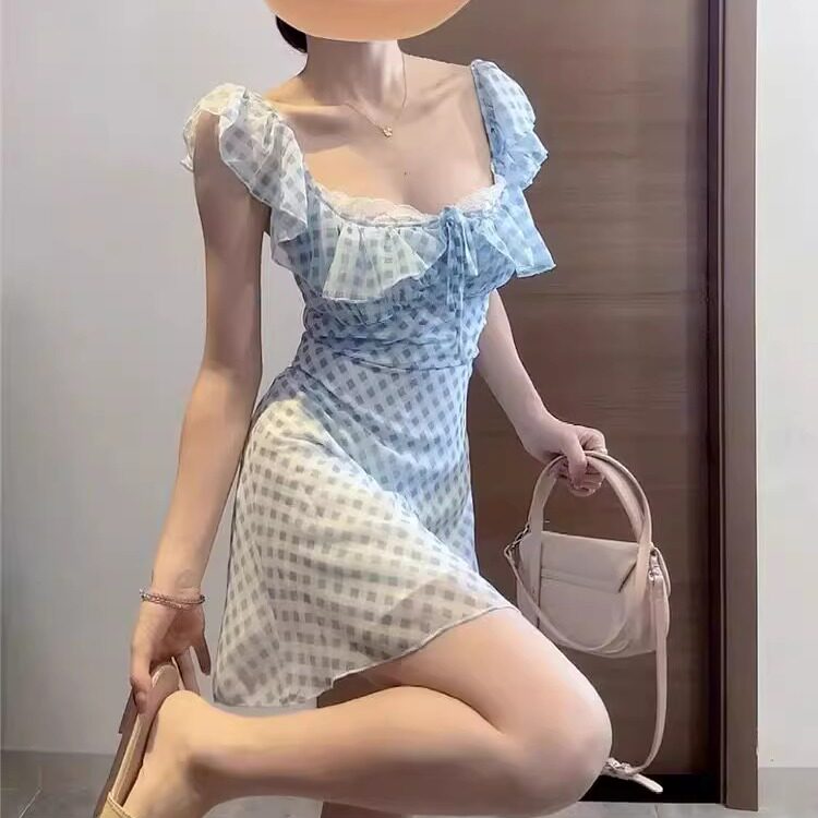 碎冰蓝~25春夏新少女蓝色飞飞袖格子连衣裙 收腰雪纺短裙茶歇裙子