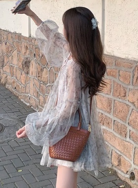 艺术系女生~法式朦胧水墨油画慵懒宽松娃娃连衣裙 夏新茶歇少女裙