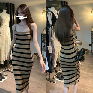 大衣绝配~26条纹针织吊带连衣裙女修身包臀中长裙 秋冬气质打底裙