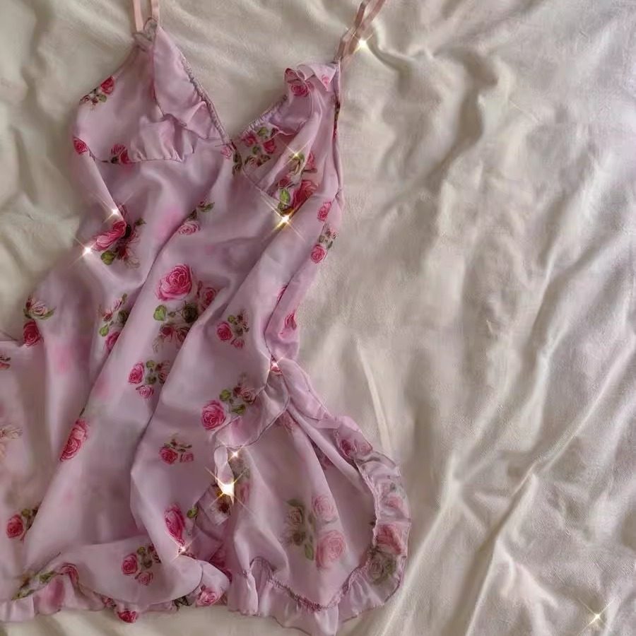 "玫瑰庄园的少女"~夏法式纯欲吊带网纱开衩睡裙 清凉性感碎花睡衣