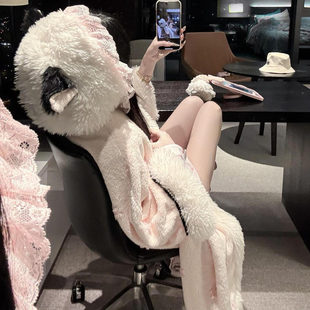 超出片~可可爱爱少女ins风超大毛茸茸帽子睡袍睡裙 加厚露思睡衣
