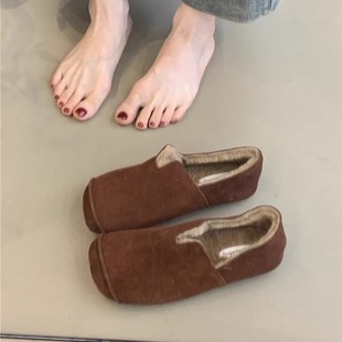 森女复古磨砂真皮丑萌加绒勃肯奶奶鞋 网红毛毛鞋 女外穿2025年冬季