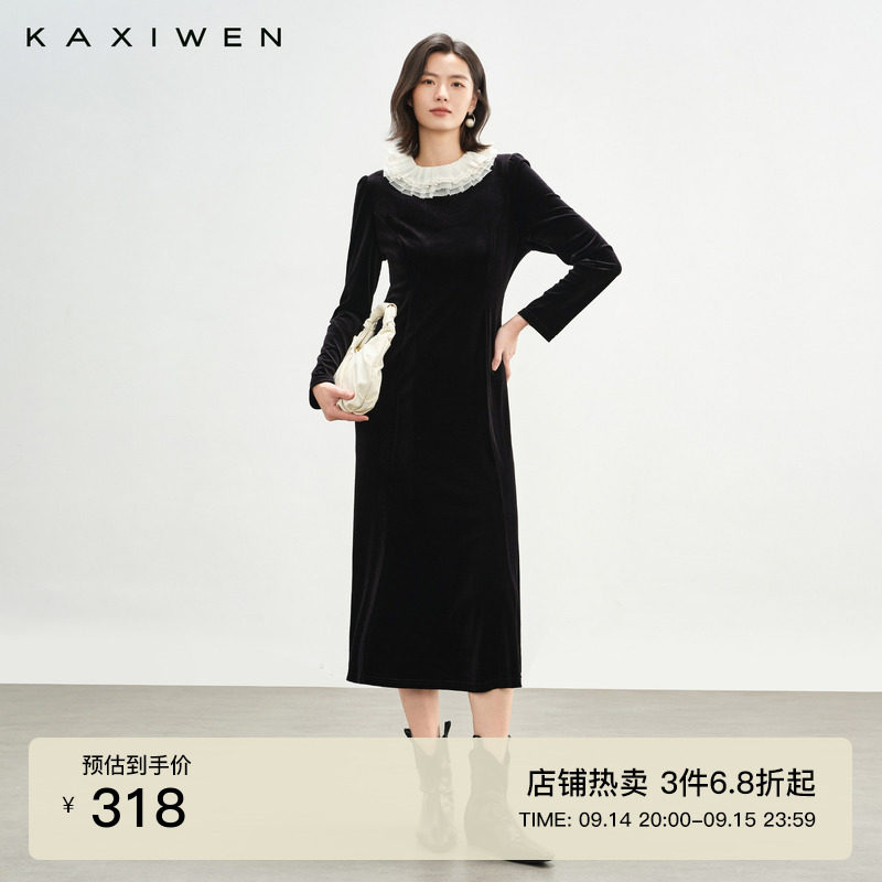 法式浪漫丝绒拉夫领连衣裙图片
