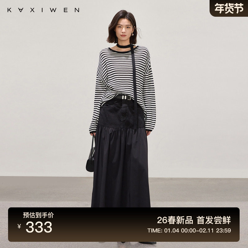 佧茜文和纸纱条纹针织衫2026春季新款休闲简约撞色棉质圆领上衣,女装/女士精品,毛针织衫,淘宝优惠券,粉丝福利购,淘宝优惠卷