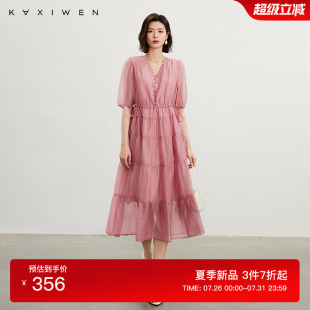 天絲優(yōu)雅拼接收腰抽繩女款 佧茜文V領(lǐng)蛋糕連衣裙2025夏季 新款 時(shí)尚