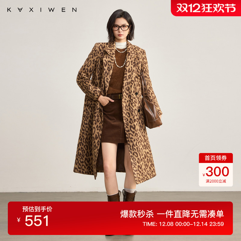 复古豹纹长款羊毛大衣