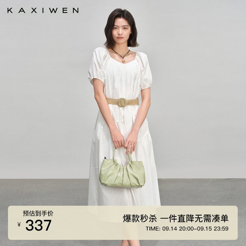 优雅显瘦方领压褶连衣裙图片