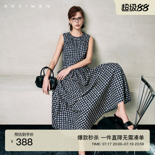 佧茜文复古文艺风连衣裙百搭夏季新款格纹印花松紧圆领设计女