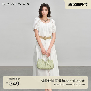 佧茜文方领复古连衣裙2026夏季新款优雅棉质压褶拼接收腰长裙女