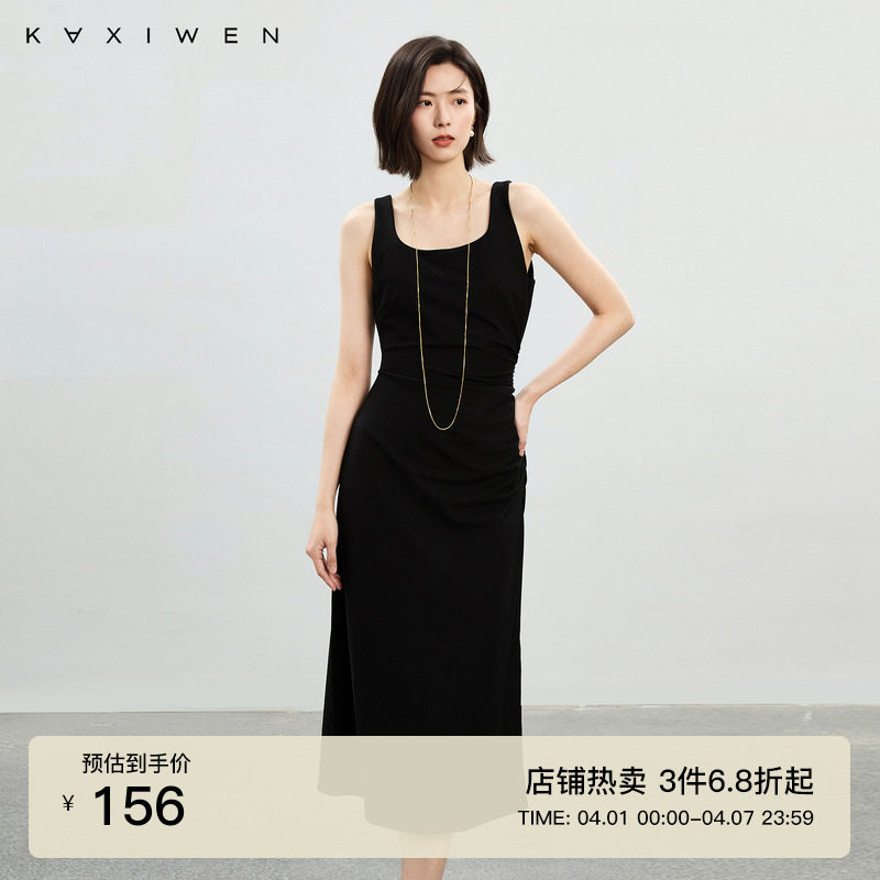 佧茜文优雅修身显瘦连衣裙百搭春季新款优雅赫本风方领小黑裙女