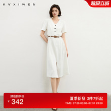 佧茜文气质通勤V领连衣裙2025夏季新款精致细腰带修身显瘦裙子