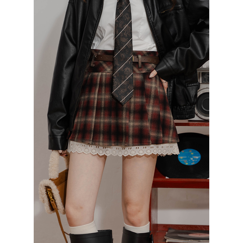 设计感开叉复古格子毛呢A字短裙