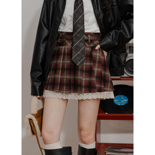 复古格子毛呢A字短裙女设计感开叉拼接蕾丝高腰防走光内衬半身裙