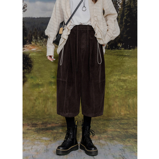 子百搭条绒休闲裤 茧型裤 女松紧高腰宽松个性 复古灯芯绒阔腿七分裤